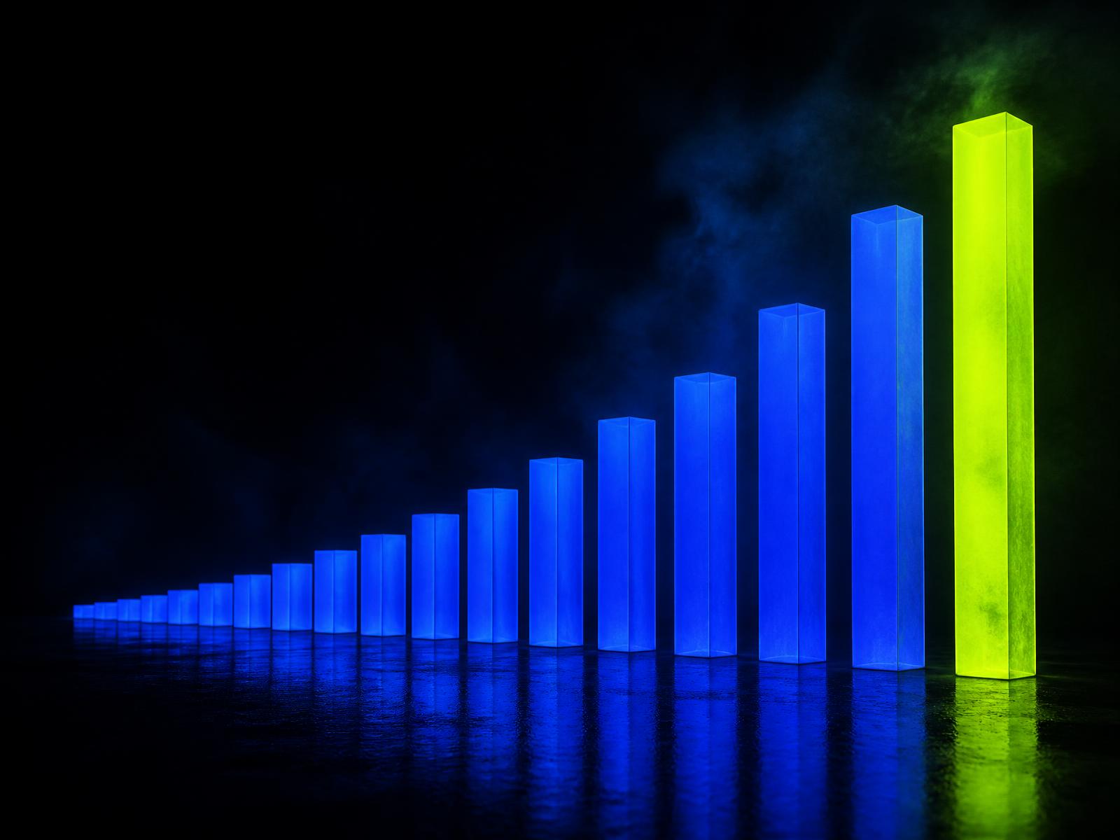 Glowing bar chart rising from a grid